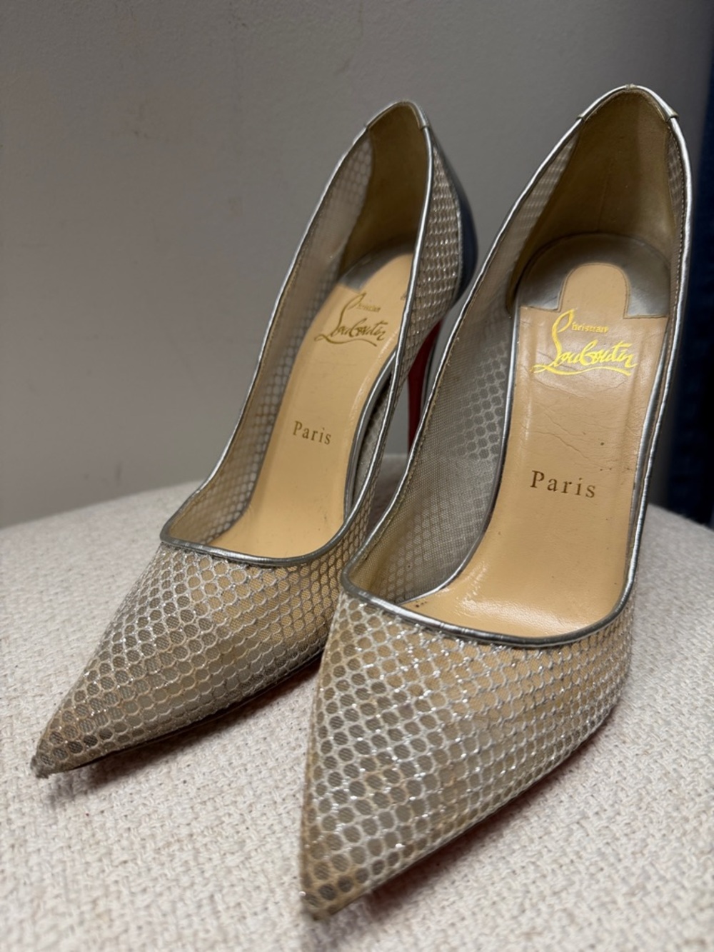 Christian Louboutin Silver Mesh Pointed Toe Pumps with Red Soles